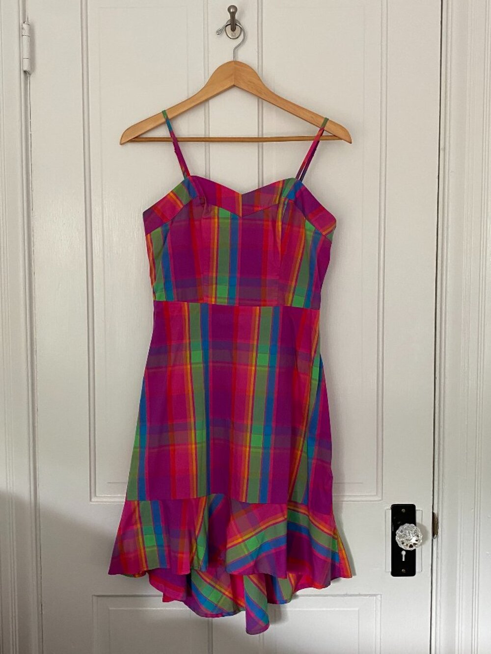 Bright madras print hi-lo strappy cotton dress size M